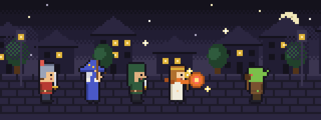 A pixel party of four heroes facing a goblin on a night street, a fireball in the air